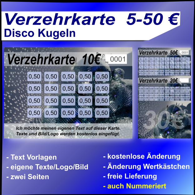 Button Verzehrkarte Disco Kugel 5-50 EUR